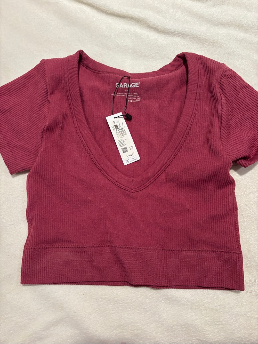 Garage Ribbed V-Neck Crop Top - Wine